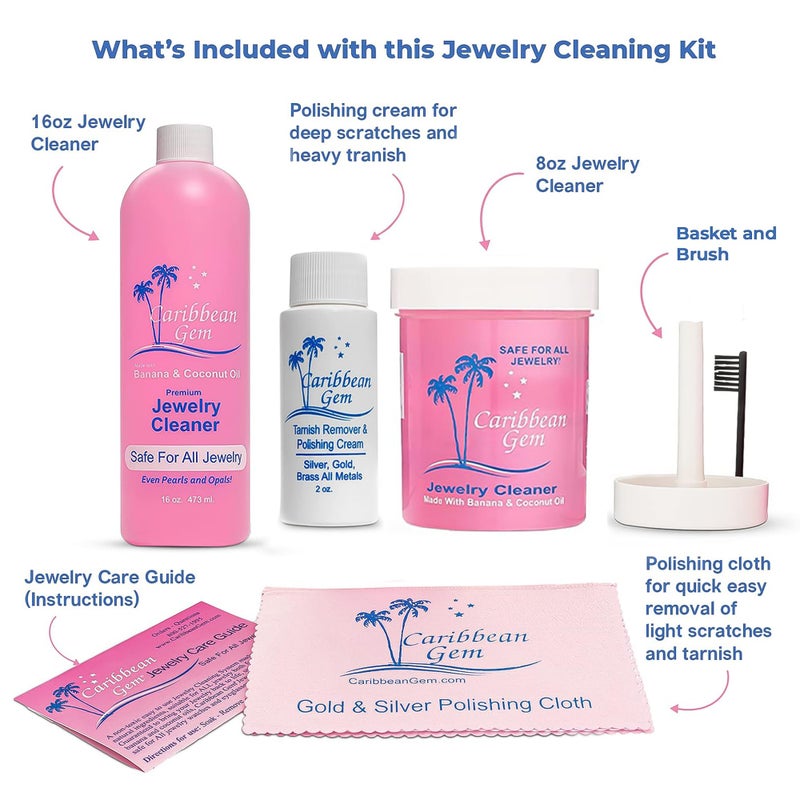 Caribbean Gem Jewelry Cleaner 16oz & 8oz, Basket, Brush, Polishing Cream & Polishing Cloth - Jewelry Cleaning Kit for All Gold, Silver, Diamonds, Rings, Necklaces, Gems, Precious Stones & Metals - Image 2